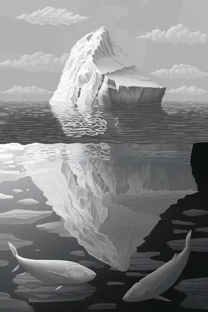 Drawing of an iceberg, with it's main body underwater and 2 fish.