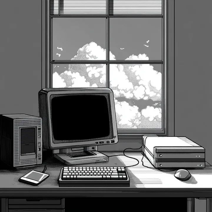 Picture of a computer on a desk, window behind it, clouds outside